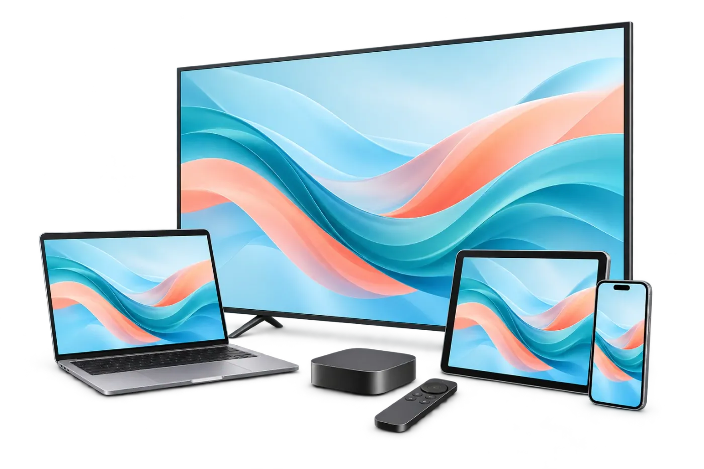 Illustrative TV, laptop, tablet, phone and streaming box
