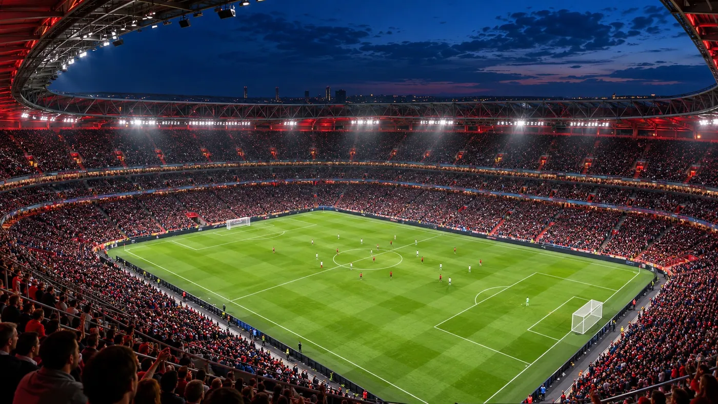 A floodlit football stadium at dusk